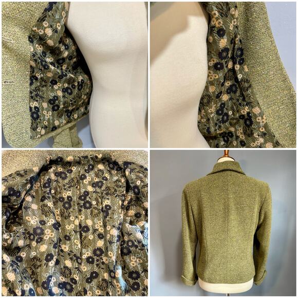 Vintage Fall Green Tweed Blazer w/Funky Floral Print Liner, Size 8P - Picture 6 of 6